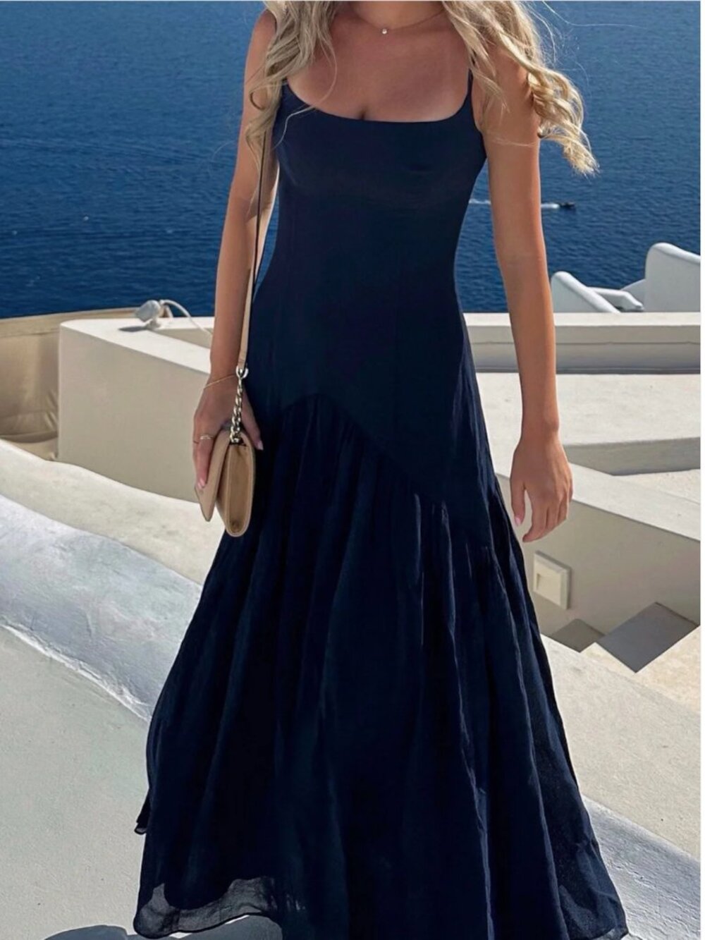 NWT Reformation Catana Midnight Navy Blue Slip Maxi Dress Tiered Hem Size 12